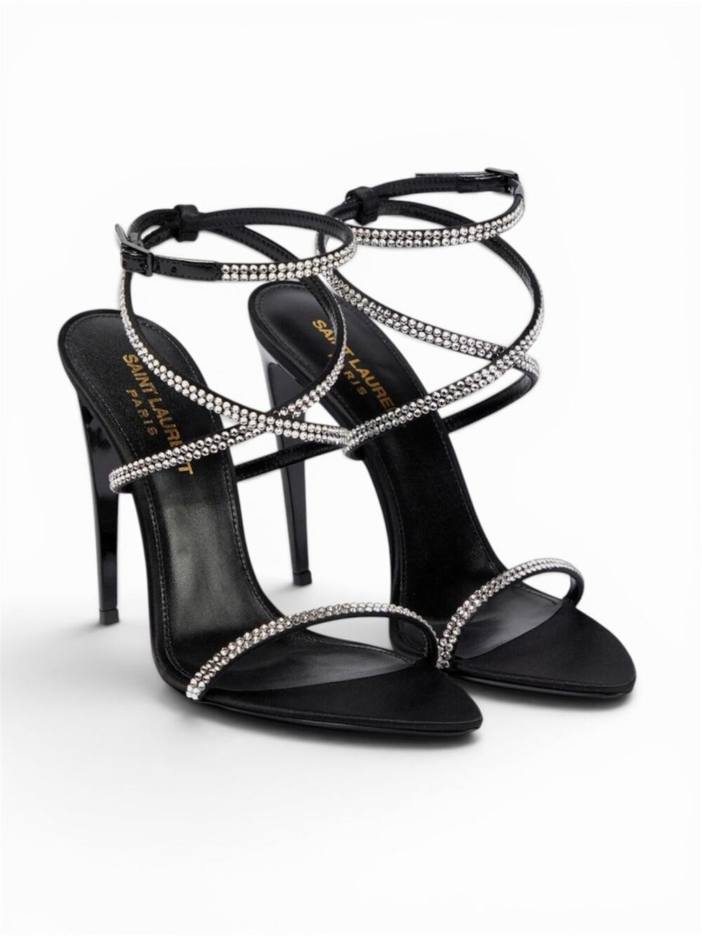 Saint Laurent Georgia Black Crystal Strap Stiletto Sandals Size 39.5